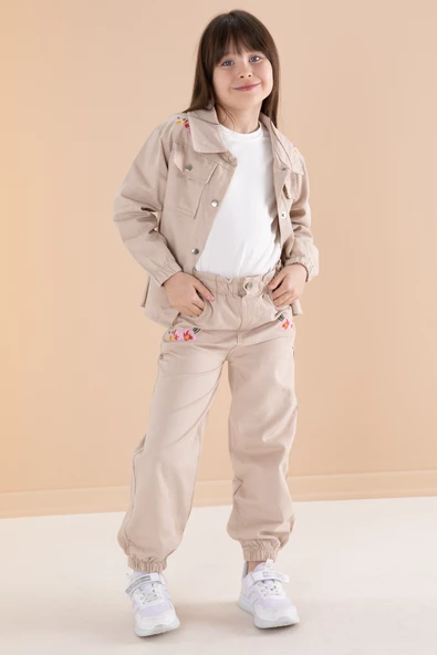 Bej Nakış Detaylı Gömlekli Pantolonlu Kız Çocuk 3lü Takım 20159 - 3