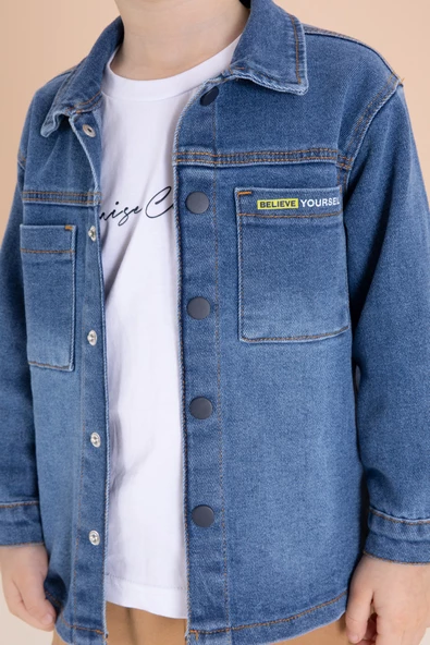 Mavi Jean Gömlekli Yazı Baskılı Tişörtlü Erkek Çocuk Pantolonlu 3lü Takım 20112 - 3