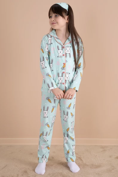 Yeşil Tavşan Baskılı Kız Çocuk Pijama Takımı 20124 - 3