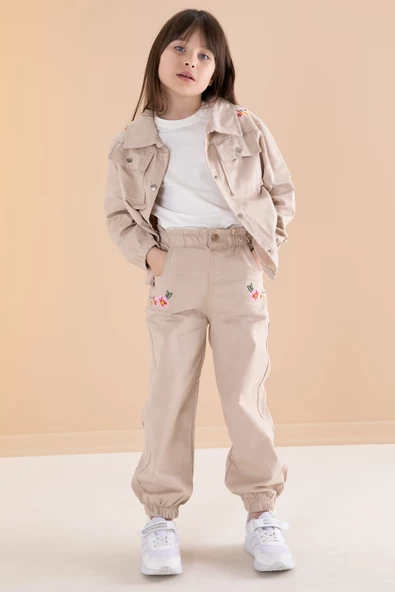 Bej Nakış Detaylı Gömlekli Pantolonlu Kız Çocuk 3lü Takım 20159
