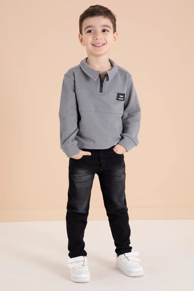 Füme Fermuar Yakalı Sweatshirt ve Jean Pantolonlu Erkek Çocuk Takım 20110 - 3