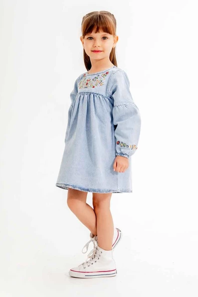 Mavi Çiçek Nakışlı Kolları İşlemeli Kız Çocuk Jean Elbise 20117 - 2