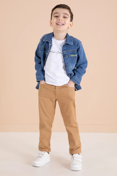 Mavi Jean Gömlekli Yazı Baskılı Tişörtlü Erkek Çocuk Pantolonlu 3lü Takım 20112 - 2