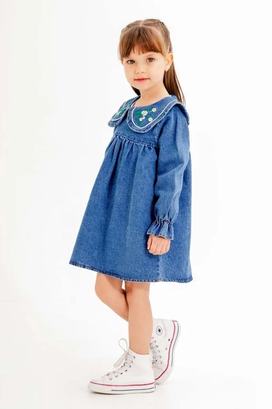 Lacivert Yakası Çiçek Nakışlı Uzun Kol Kız Çocuk Jean Elbise 20116 - 2