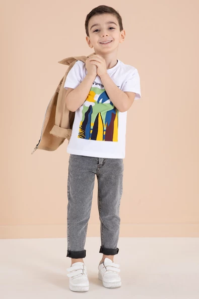 Krem Fermuarlı Ceketli Tişörtlü Erkek Çocuk 3lü Alt Üst Takım 19963 - 3