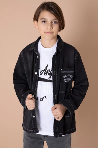 Siyah Yazı Nakışlı Jean Gömlekli Tişörtlü Erkek Çocuk 2li Takım 20035 - 4