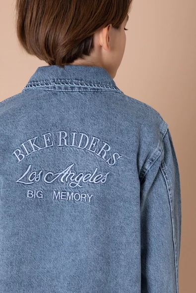 Mavi Yazı Nakışlı Jean Gömlekli Tişörtlü Erkek Çocuk 2li Takım 20033 - 7