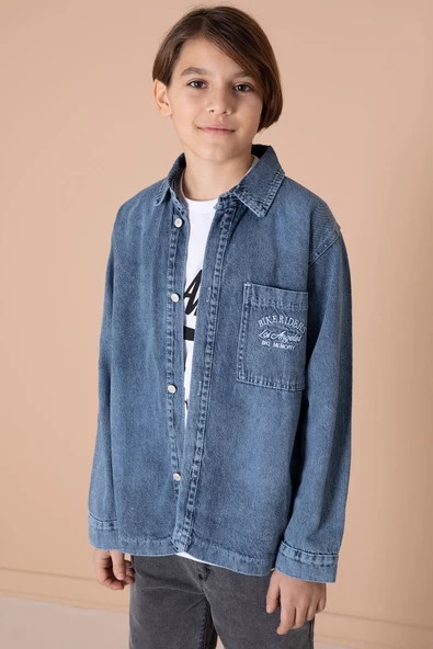 Lacivert Yazı Nakışlı Jean Gömlekli Tişörtlü Erkek Çocuk 2li Takım 20034