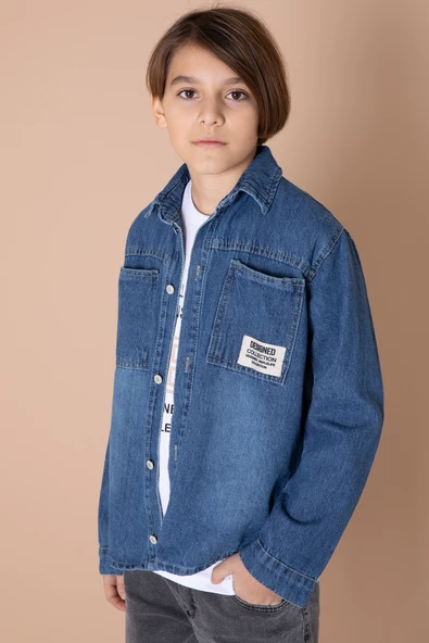Erkek Çocuk Mavi Armalı Cepli Bisiklet Yaka Tişörtlü Jean Gömlek 20095 - 3
