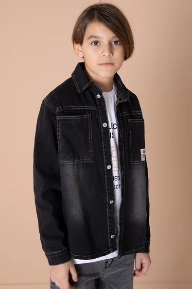 Erkek Çocuk Siyah Armalı Cepli Bisiklet Yaka Tişörtlü Jean Gömlek 20097