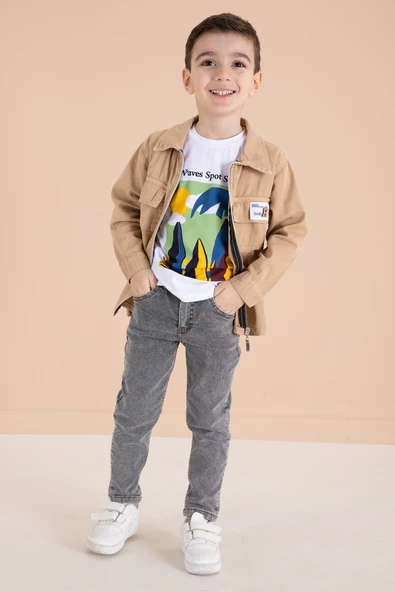 Krem Fermuarlı Ceketli Tişörtlü Erkek Çocuk 3lü Alt Üst Takım 19963