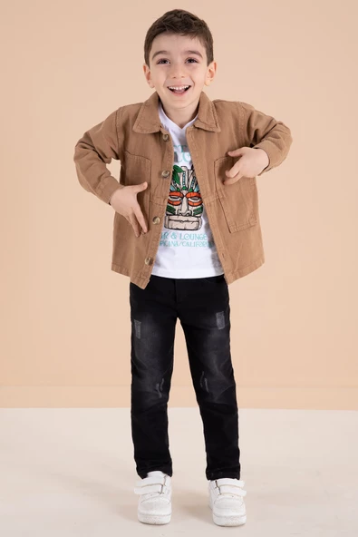 Kahve Jean Ceketli Pantolonlu Erkek Çocuk 3lü Takım 20013 - 4