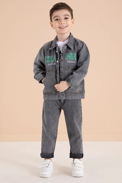 Füme Yazı Nakışlı Ceketli 3lü Erkek Çocuk Jean Takım 20003