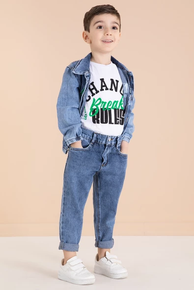 Lacivert Yazı Nakışlı Ceketli 3lü Erkek Çocuk Jean Takım 20001 - 5