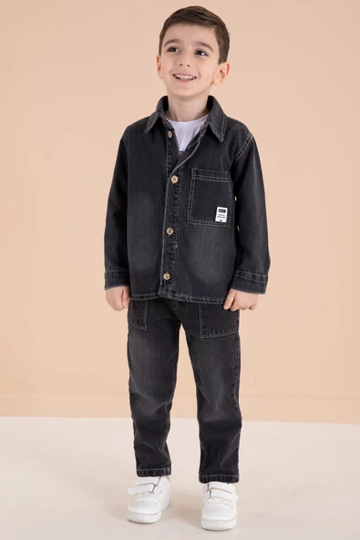 Füme Düğmeli Jean Ceketli Pantolonlu Erkek Çocuk 3lü Takım 20010 - 6