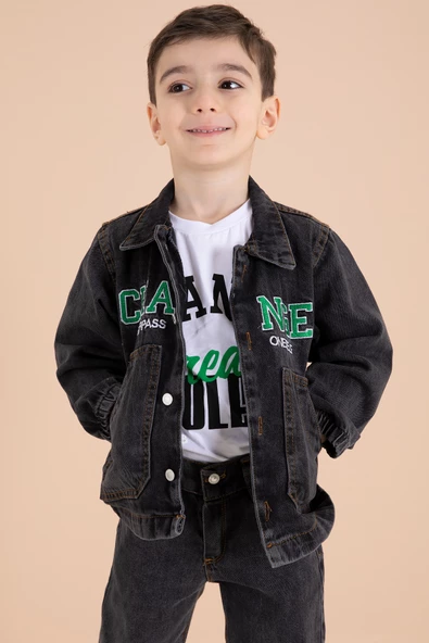 Siyah Yazı Nakışlı Ceketli 3lü Erkek Çocuk Jean Takım 20002 - 5