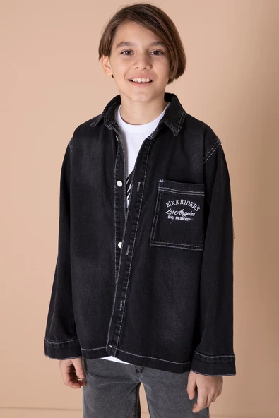 Siyah Yazı Nakışlı Jean Gömlekli Tişörtlü Erkek Çocuk 2li Takım 20035 - 5