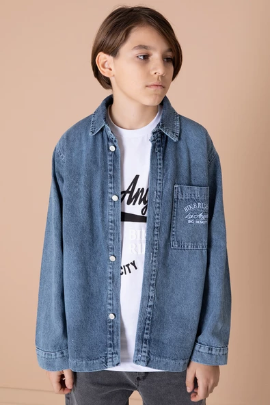 Lacivert Yazı Nakışlı Jean Gömlekli Tişörtlü Erkek Çocuk 2li Takım 20034 - 3