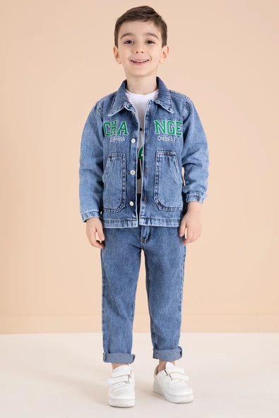 Lacivert Yazı Nakışlı Ceketli 3lü Erkek Çocuk Jean Takım 20001 - 2