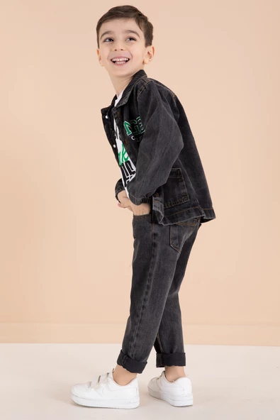 Siyah Yazı Nakışlı Ceketli 3lü Erkek Çocuk Jean Takım 20002 - 6