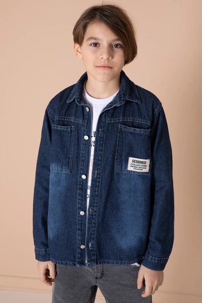Erkek Çocuk Lacivert Armalı Cepli Bisiklet Yaka Tişörtlü Jean Gömlek 20096 - 3