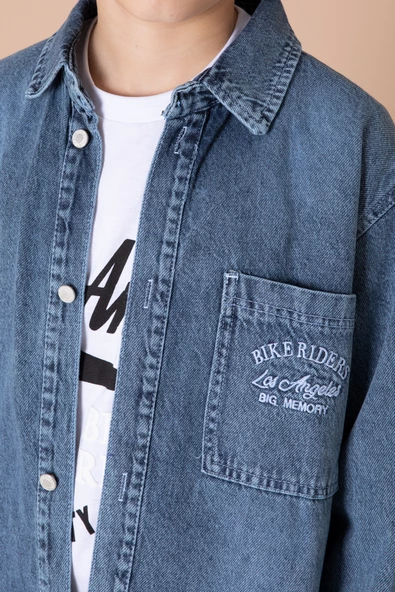 Lacivert Yazı Nakışlı Jean Gömlekli Tişörtlü Erkek Çocuk 2li Takım 20034 - 2