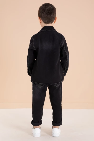 Siyah Düğmeli Jean Ceketli Pantolonlu Erkek Çocuk 3lü Takım 20009 - Resim 5