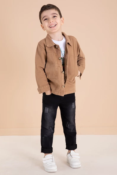 Kahve Jean Ceketli Pantolonlu Erkek Çocuk 3lü Takım 20013