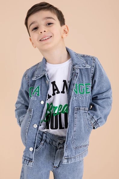 Mavi Yazı Nakışlı Ceketli 3lü Erkek Çocuk Jean Takım 20000 - 3