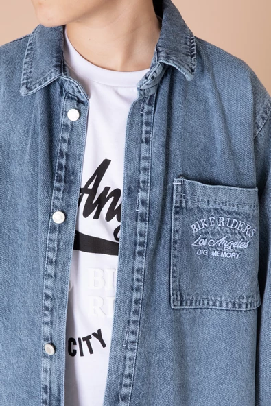 Mavi Yazı Nakışlı Jean Gömlekli Tişörtlü Erkek Çocuk 2li Takım 20033 - 2