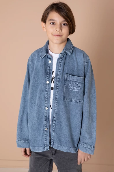 Mavi Yazı Nakışlı Jean Gömlekli Tişörtlü Erkek Çocuk 2li Takım 20033