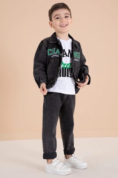 Siyah Yazı Nakışlı Ceketli 3lü Erkek Çocuk Jean Takım 20002 - 2