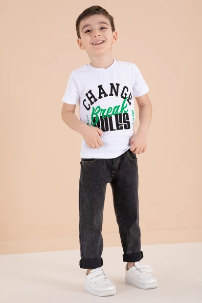 Siyah Yazı Nakışlı Ceketli 3lü Erkek Çocuk Jean Takım 20002 - 4