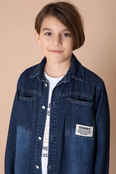 Erkek Çocuk Lacivert Armalı Cepli Bisiklet Yaka Tişörtlü Jean Gömlek 20096 - 4