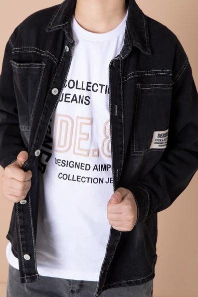 Erkek Çocuk Siyah Armalı Cepli Bisiklet Yaka Tişörtlü Jean Gömlek 20097 - 6