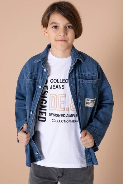 Erkek Çocuk Mavi Armalı Cepli Bisiklet Yaka Tişörtlü Jean Gömlek 20095 - 4