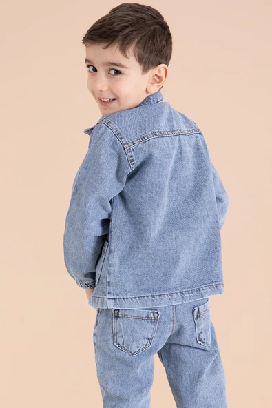 Mavi Yazı Nakışlı Ceketli 3lü Erkek Çocuk Jean Takım 20000 - 5