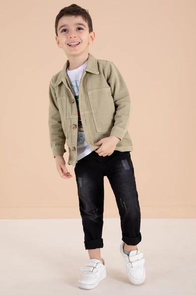 Yeşil Jean Ceketli Pantolonlu Erkek Çocuk 3lü Takım 20016