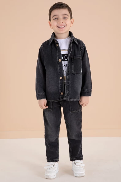 Füme Düğmeli Jean Ceketli Pantolonlu Erkek Çocuk 3lü Takım 20010 - 4