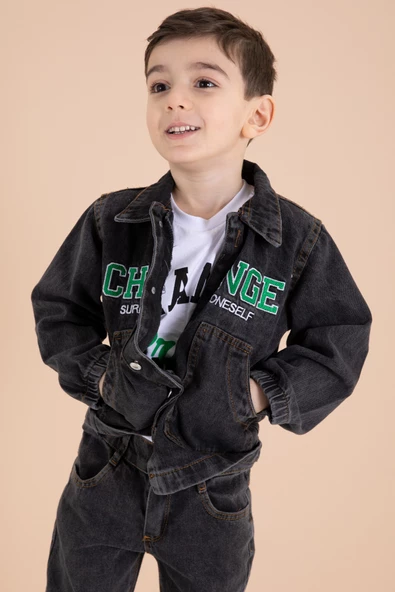 Siyah Yazı Nakışlı Ceketli 3lü Erkek Çocuk Jean Takım 20002 - 3