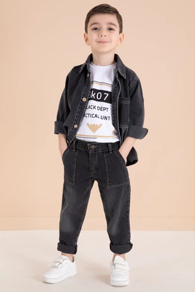 Füme Düğmeli Jean Ceketli Pantolonlu Erkek Çocuk 3lü Takım 20010 - 3