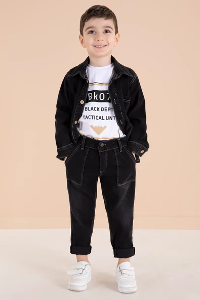 Siyah Düğmeli Jean Ceketli Pantolonlu Erkek Çocuk 3lü Takım 20009 - Resim 3