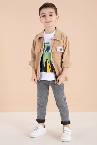 Krem Fermuarlı Ceketli Tişörtlü Erkek Çocuk 3lü Alt Üst Takım 19963 - 4