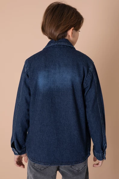 Erkek Çocuk Lacivert Armalı Cepli Bisiklet Yaka Tişörtlü Jean Gömlek 20096 - 7