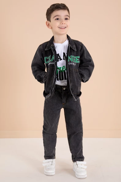 Siyah Yazı Nakışlı Ceketli 3lü Erkek Çocuk Jean Takım 20002