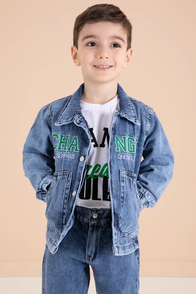 Lacivert Yazı Nakışlı Ceketli 3lü Erkek Çocuk Jean Takım 20001 - 4