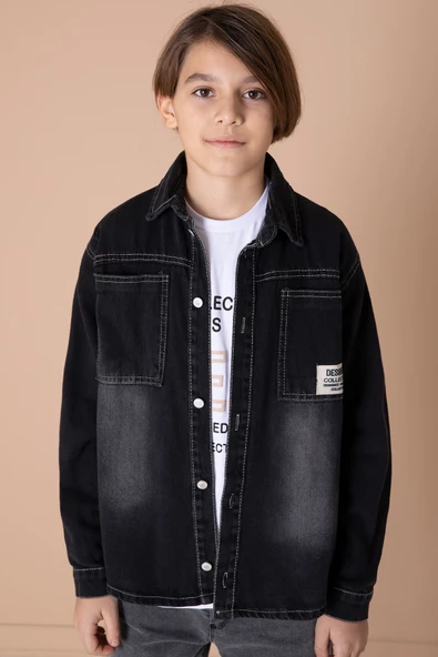 Erkek Çocuk Siyah Armalı Cepli Bisiklet Yaka Tişörtlü Jean Gömlek 20097 - 2