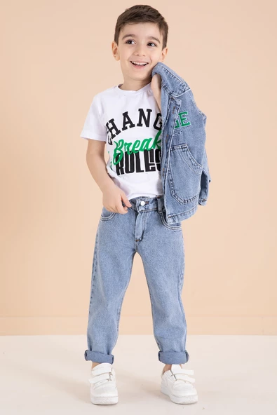 Mavi Yazı Nakışlı Ceketli 3lü Erkek Çocuk Jean Takım 20000 - 2