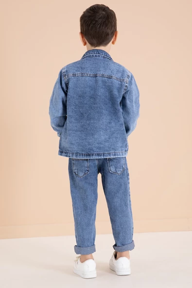 Lacivert Yazı Nakışlı Ceketli 3lü Erkek Çocuk Jean Takım 20001 - 6