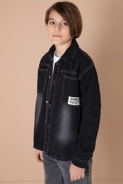 Erkek Çocuk Siyah Armalı Cepli Bisiklet Yaka Tişörtlü Jean Gömlek 20097 - 4